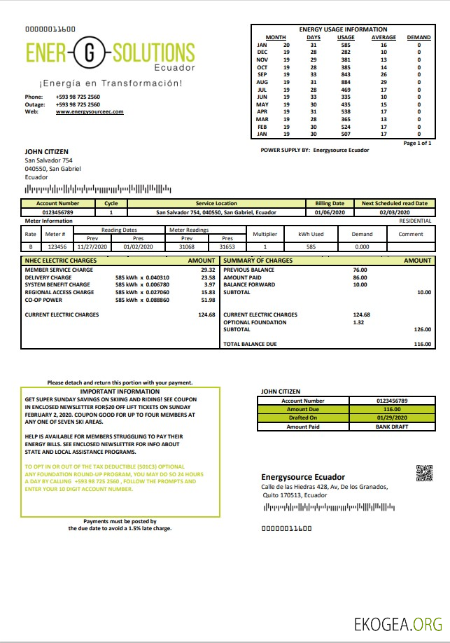 Ecuador Energysource Ecuador energy utility bill template in Word and PDF format
